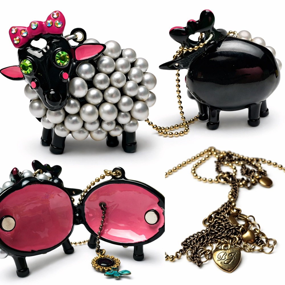 Betsey Johnson Black Pearl Sheep Locket Pendant Gold and Silver Charm Necklace - Picture 6 of 6